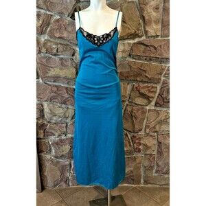 70s Vintage Flair  Nig blue htgown Slip Dress, Lace Nylon Negligee Maxi - S